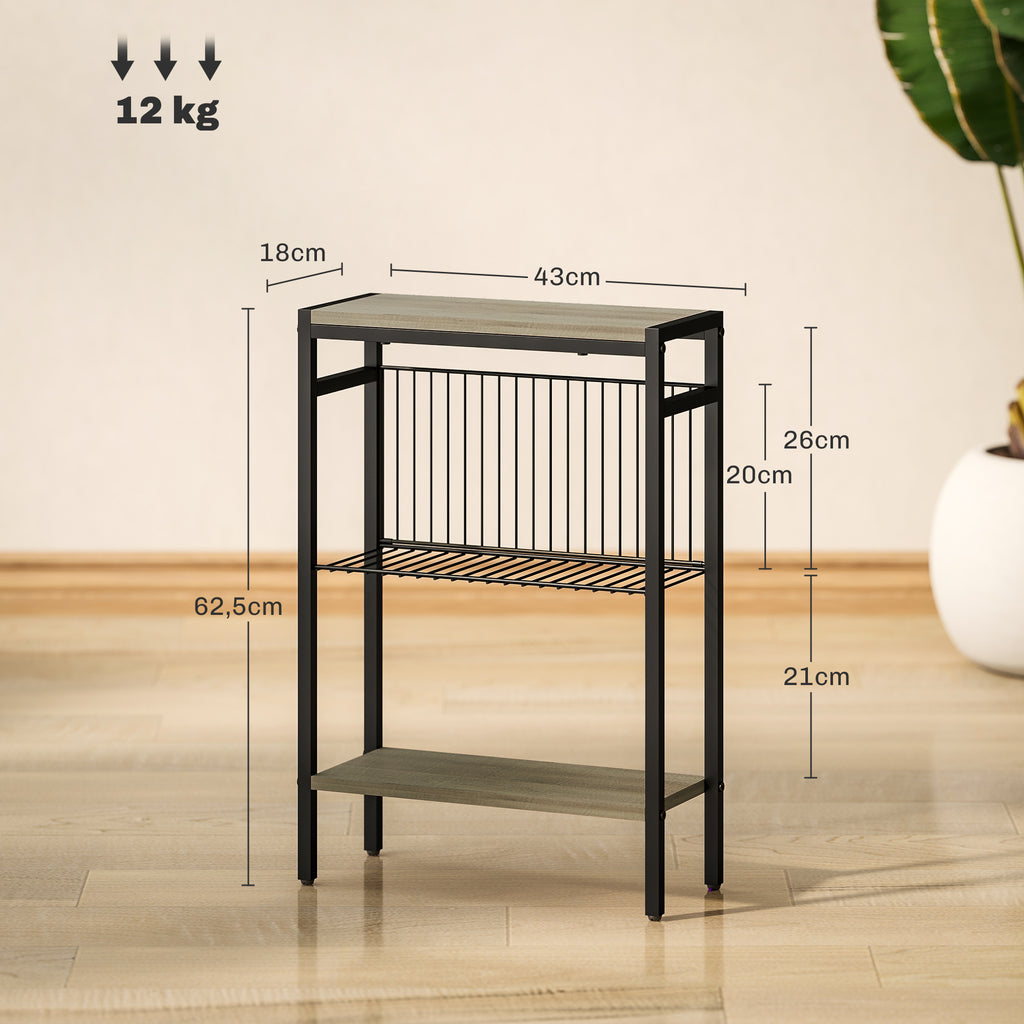 Homcom Narrow Side Table with 3 Levels with Open Shelves and Steel Structure for Living Room Bedroom 43X18X62.5Cm