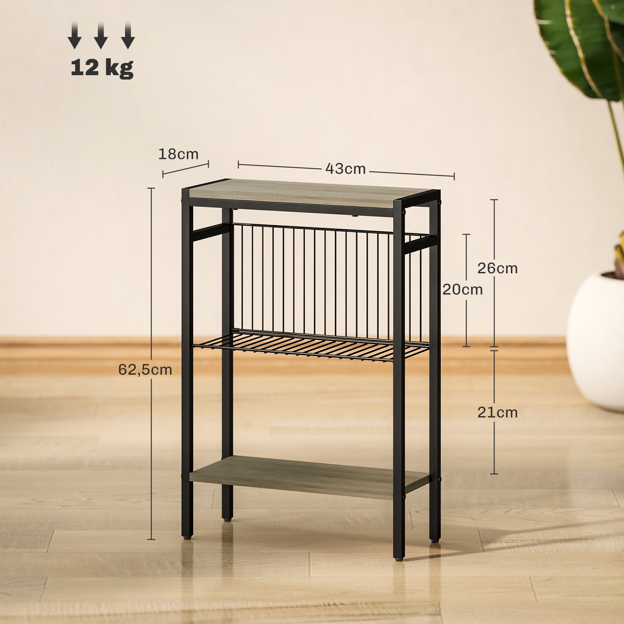Homcom Narrow Side Table with 3 Levels with Open Shelves and Steel Structure for Living Room Bedroom 43X18X62.5Cm