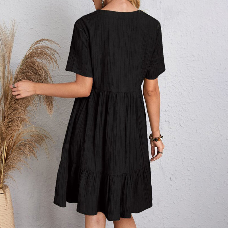 Women's Bohemian V-Neck Ruffle A-Line Mini Dress – Short Sleeve Loose Beach Party Dress