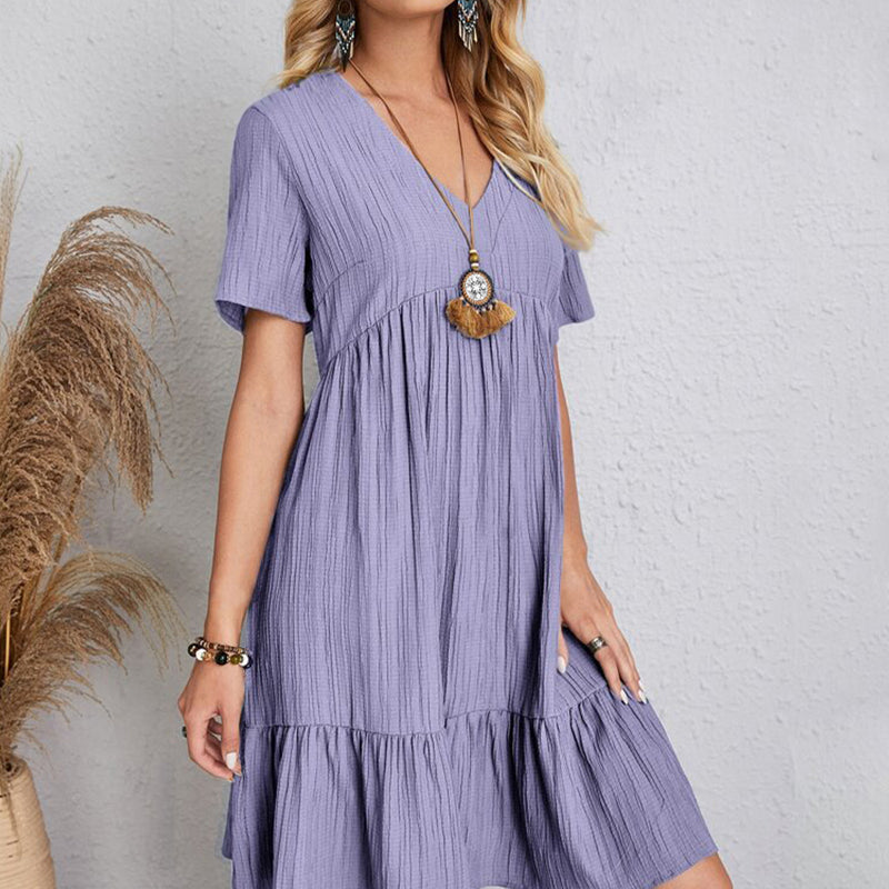 Women's Bohemian V-Neck Ruffle A-Line Mini Dress – Short Sleeve Loose Beach Party Dress
