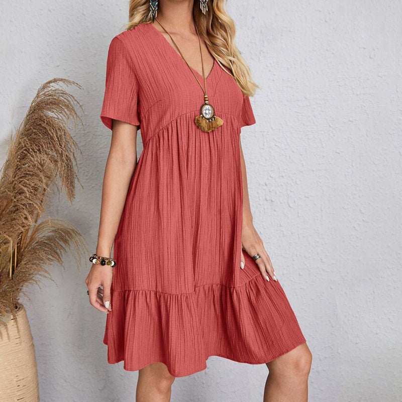 Women's Bohemian V-Neck Ruffle A-Line Mini Dress – Short Sleeve Loose Beach Party Dress