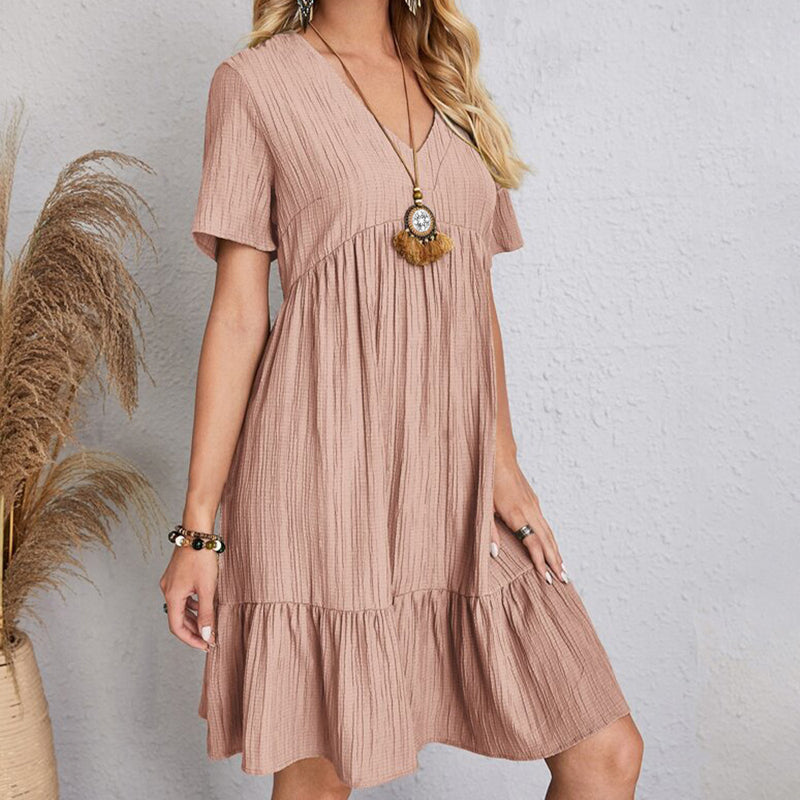 Women's Bohemian V-Neck Ruffle A-Line Mini Dress – Short Sleeve Loose Beach Party Dress