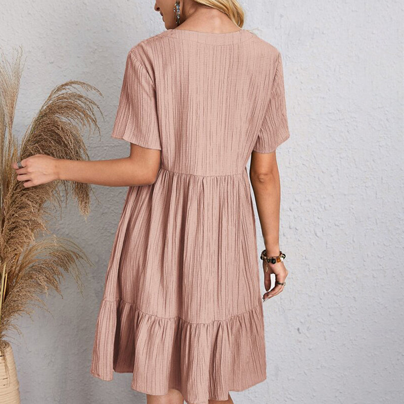 Women's Bohemian V-Neck Ruffle A-Line Mini Dress – Short Sleeve Loose Beach Party Dress