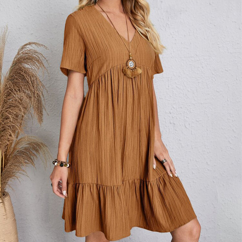 Women's Bohemian V-Neck Ruffle A-Line Mini Dress – Short Sleeve Loose Beach Party Dress