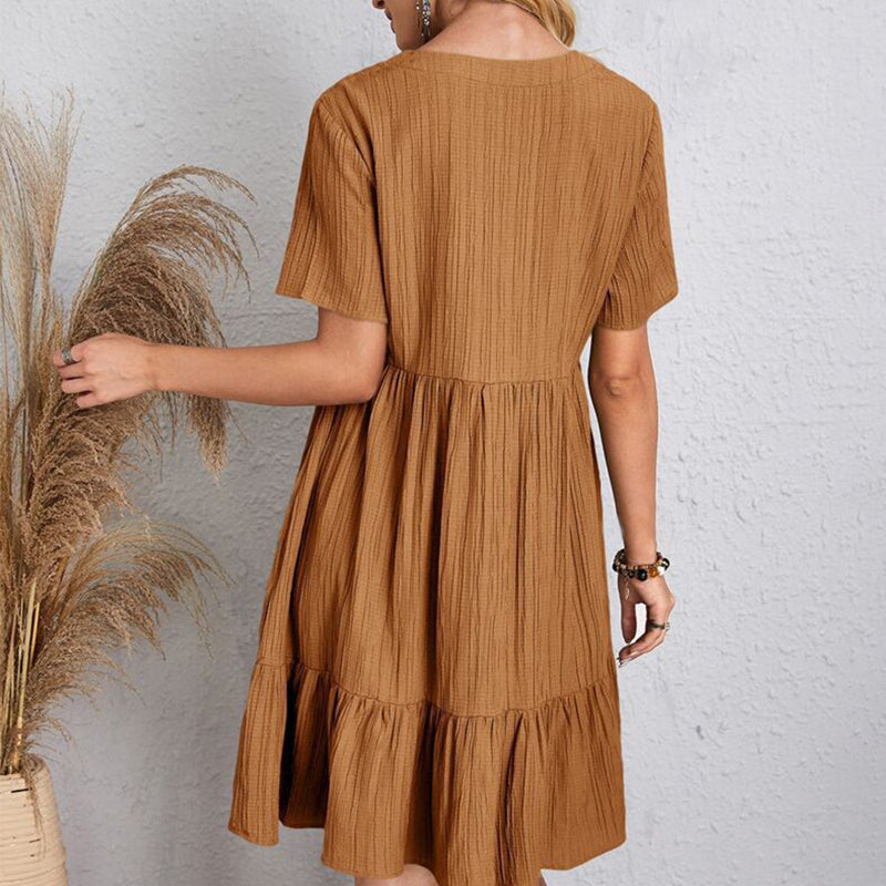 Women's Bohemian V-Neck Ruffle A-Line Mini Dress – Short Sleeve Loose Beach Party Dress