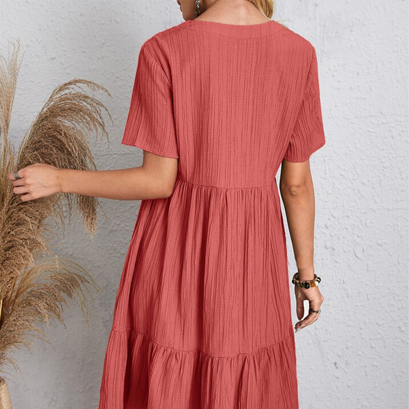 Women's Bohemian V-Neck Ruffle A-Line Mini Dress – Short Sleeve Loose Beach Party Dress