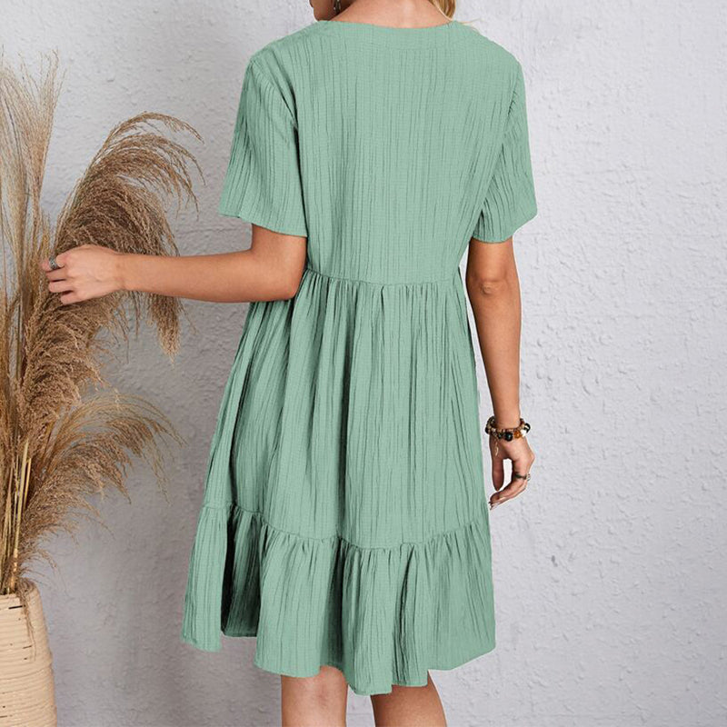 Women's Bohemian V-Neck Ruffle A-Line Mini Dress – Short Sleeve Loose Beach Party Dress