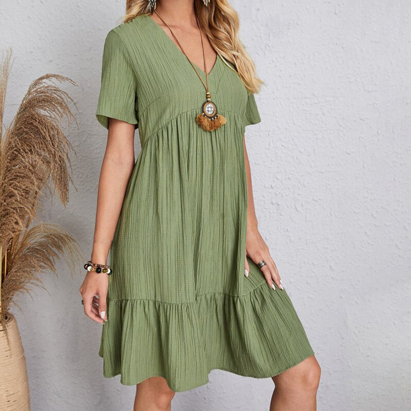 Women's Bohemian V-Neck Ruffle A-Line Mini Dress – Short Sleeve Loose Beach Party Dress