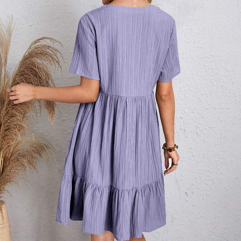 Women's Bohemian V-Neck Ruffle A-Line Mini Dress – Short Sleeve Loose Beach Party Dress