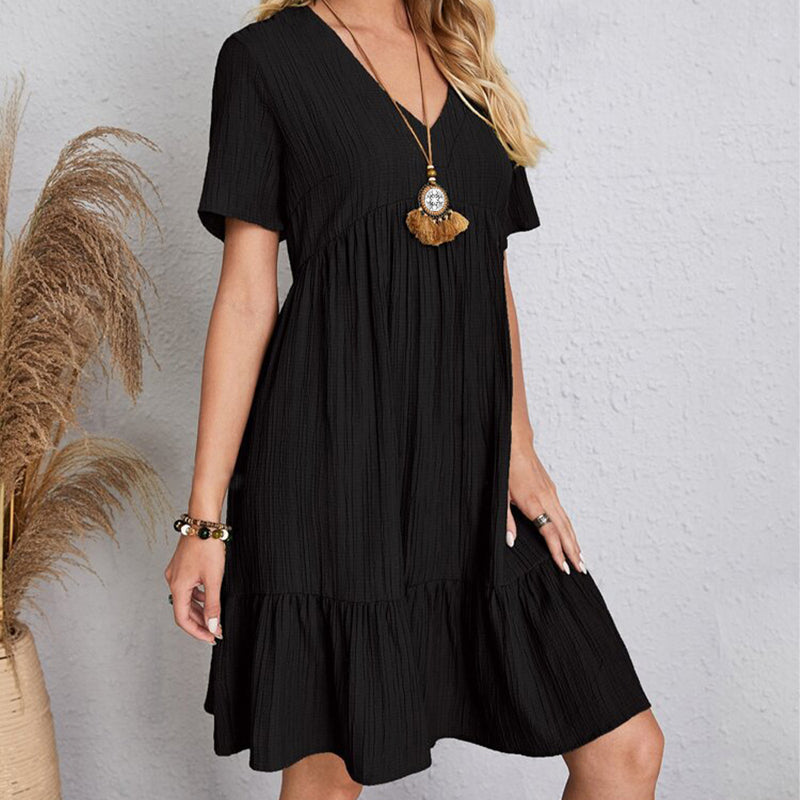 Women's Bohemian V-Neck Ruffle A-Line Mini Dress – Short Sleeve Loose Beach Party Dress
