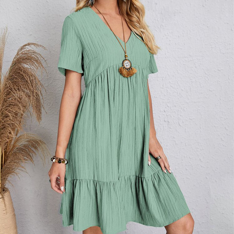 Women's Bohemian V-Neck Ruffle A-Line Mini Dress – Short Sleeve Loose Beach Party Dress