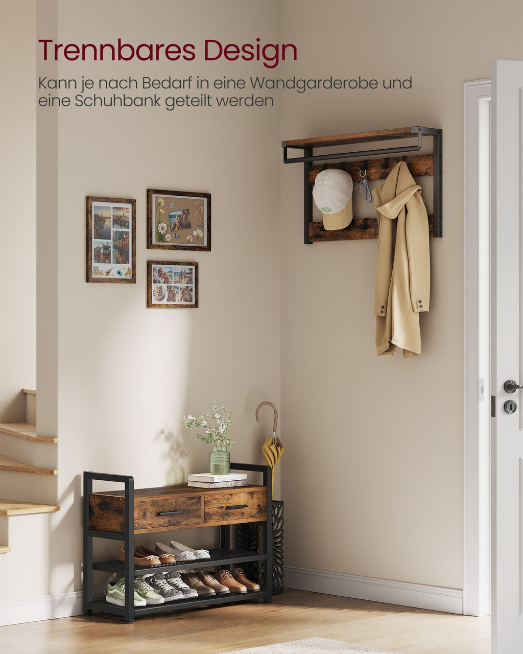 VASAGLE Coat Rack with Shoe Bench – Separable Design, Entryway Hall Tree & Storage Organizer