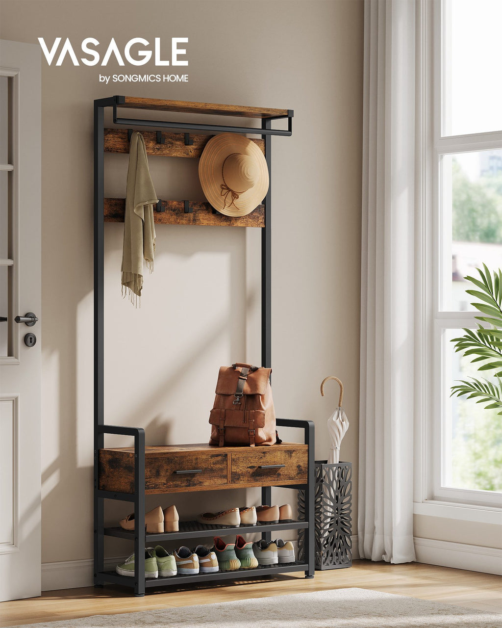 VASAGLE Coat Rack with Shoe Bench – Separable Design, Entryway Hall Tree & Storage Organizer