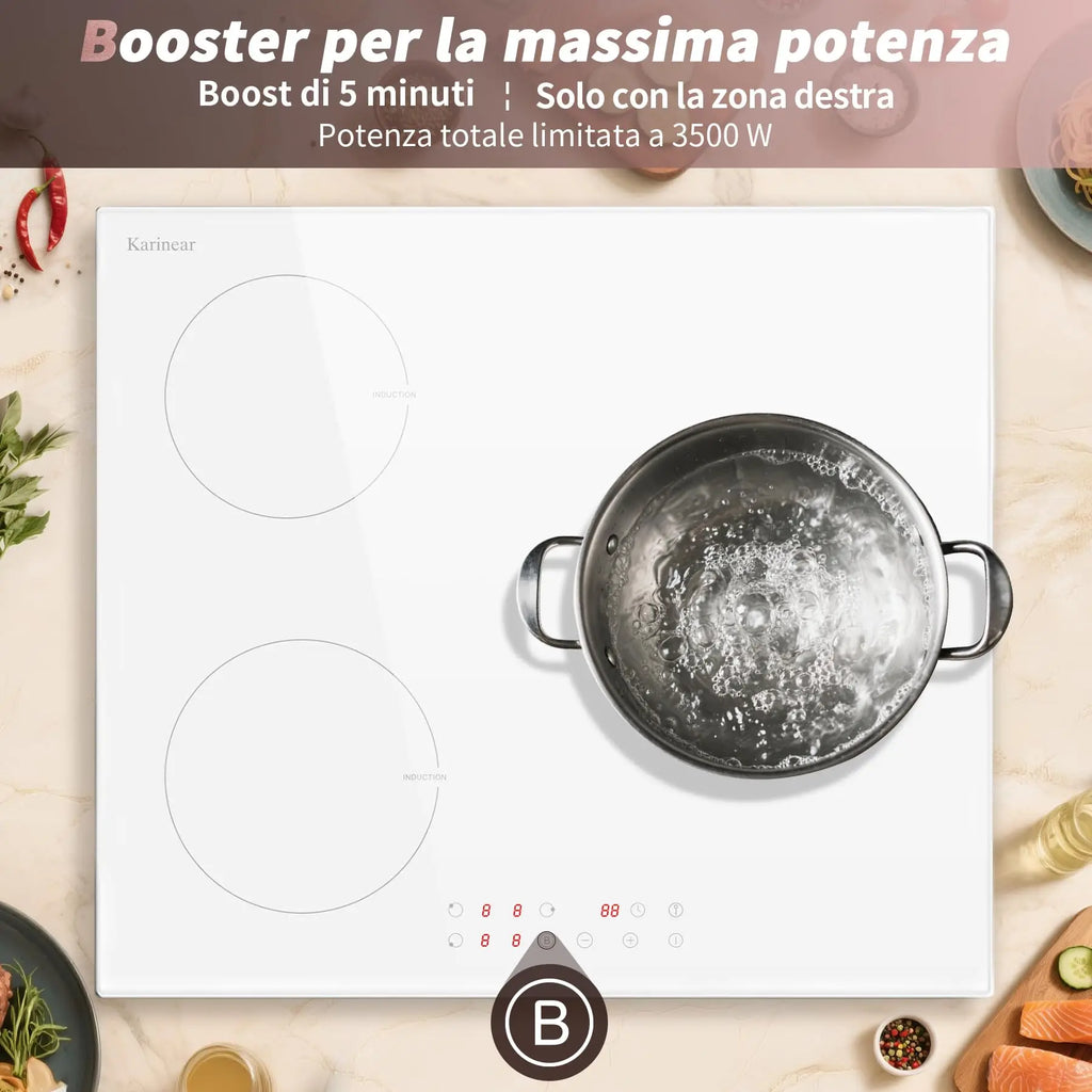 Karinear 3-Plate Induction Hob – 59cm White, Boost, Safety Lock, Timer, 16A, 220-240V, Plug-In