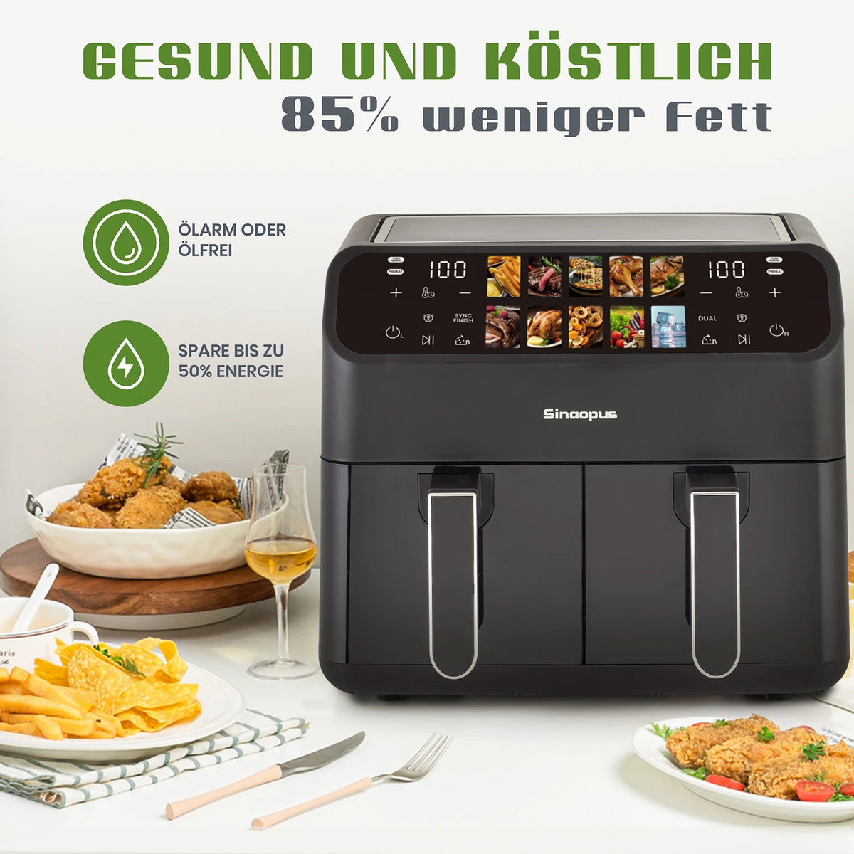 Sinaopus 9L Dual Basket Air Fryer – LED Touch Control, Visible Window, Oilless Cooker for Large Family Meals
