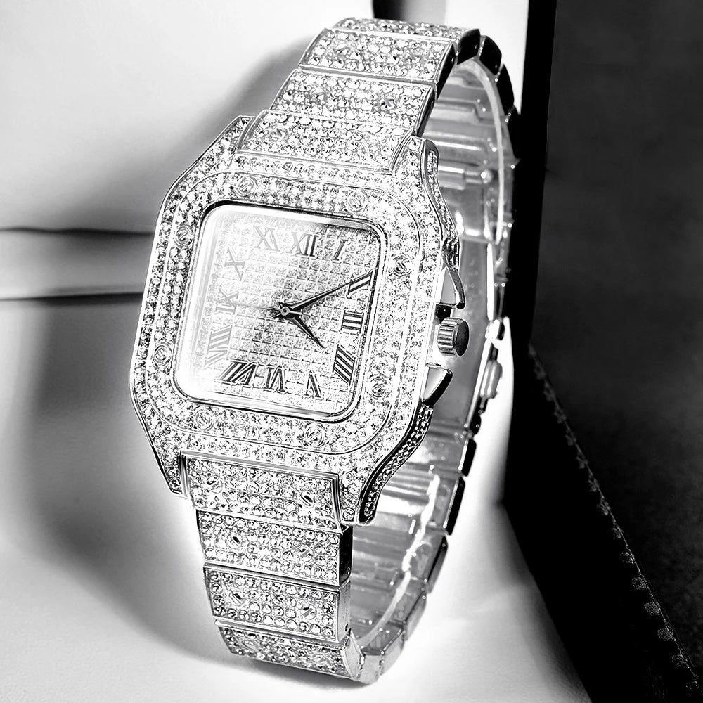 Men's Gold Cuban Chain Hip Hop Watch & Bracelet Set | Iced Out Rhinestone Bling Rapper Jewelry