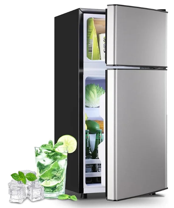 Silver Small Refrigerator with Freezer — 2.4 Cu Ft Compact Fridge with Removable Plastic Shelves for Home, Office & Dorm