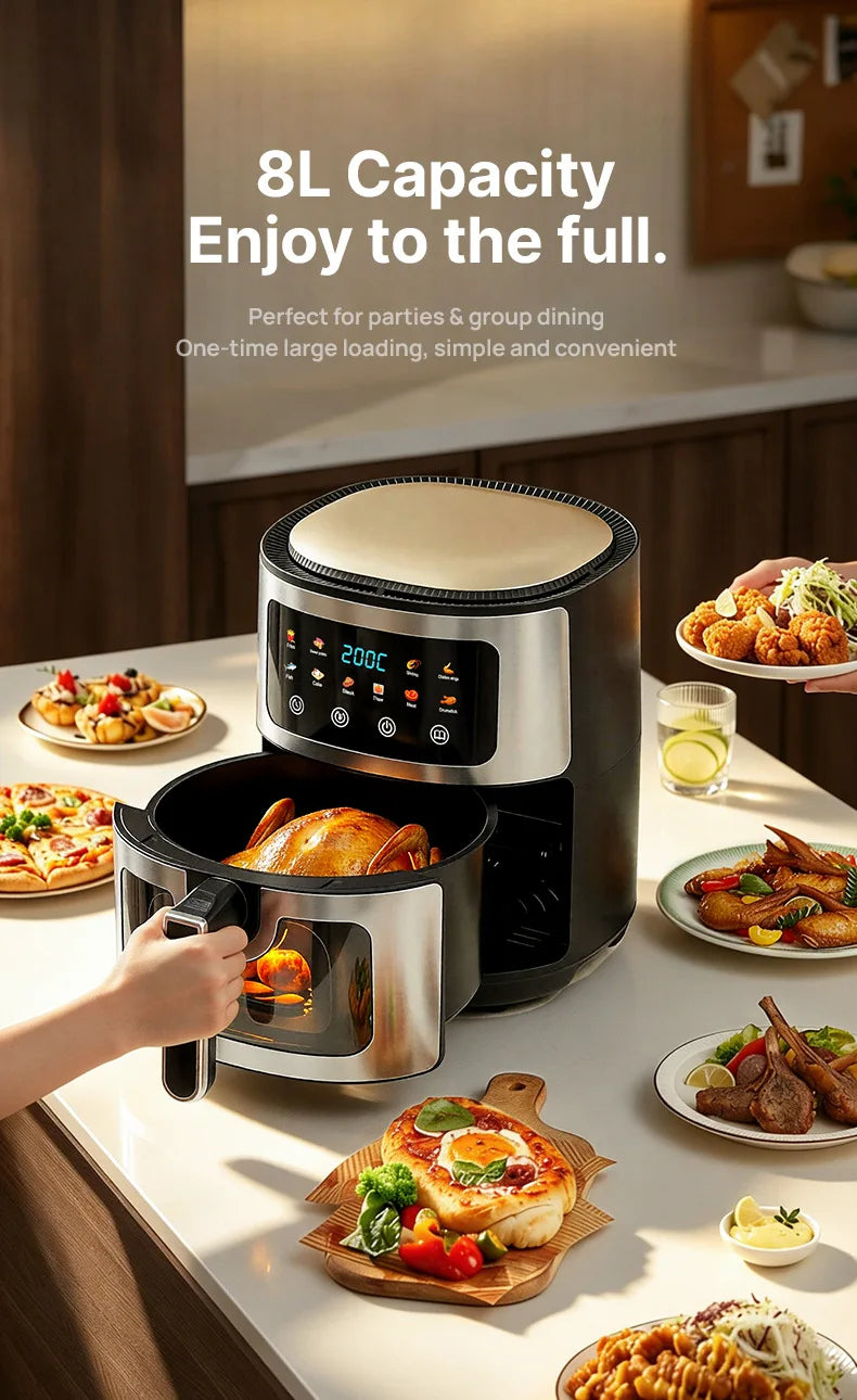 8L Large Air Fryer with Visible Window Digital Touchscreen 8 Presets Stainless Steel Oil-Free Healthy Cooker for Home Kitchen