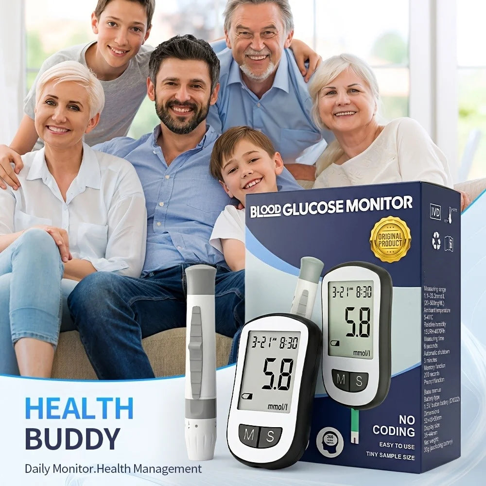 Blood Glucose Monitor Kit – No-Code Glucometer with Test Strips, Lancets, Lancing Device, Large LCD & 200-Reading Memory