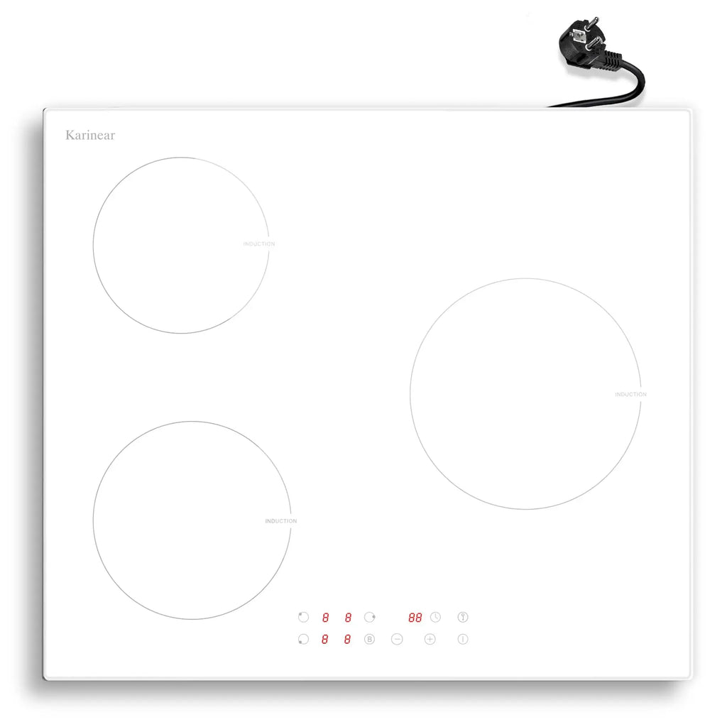 Karinear 3-Plate Induction Hob – 59cm White, Boost, Safety Lock, Timer, 16A, 220-240V, Plug-In