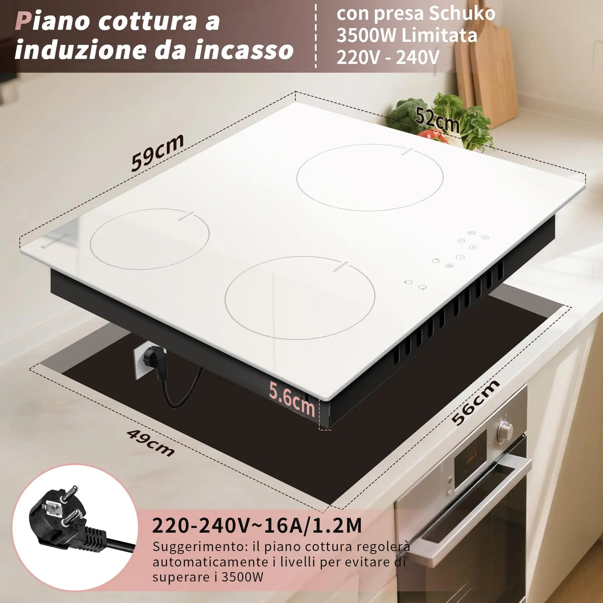 Karinear 3-Plate Induction Hob – 59cm White, Boost, Safety Lock, Timer, 16A, 220-240V, Plug-In