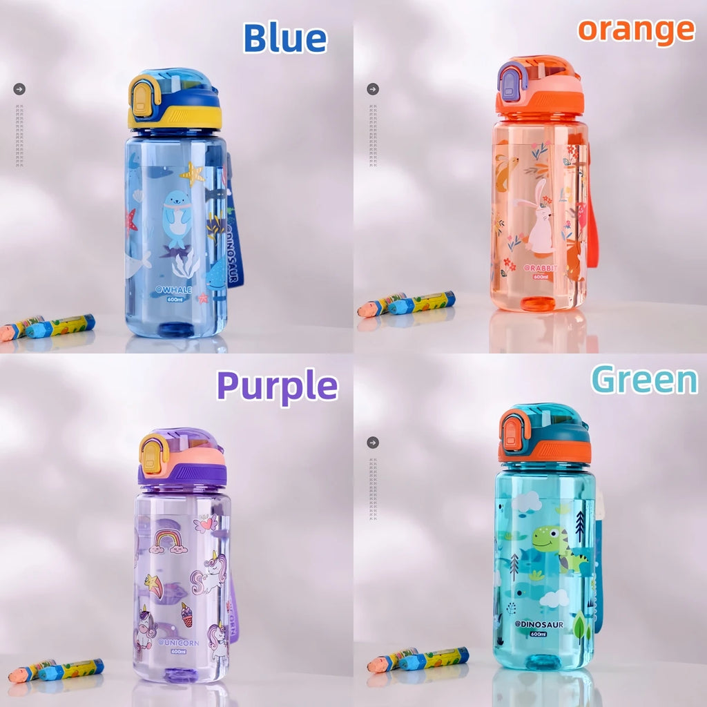 600ml Dinosaur Kids Water Bottle – BPA-Free Silicone Straw Sippy Cup, Leakproof with Carry Rope