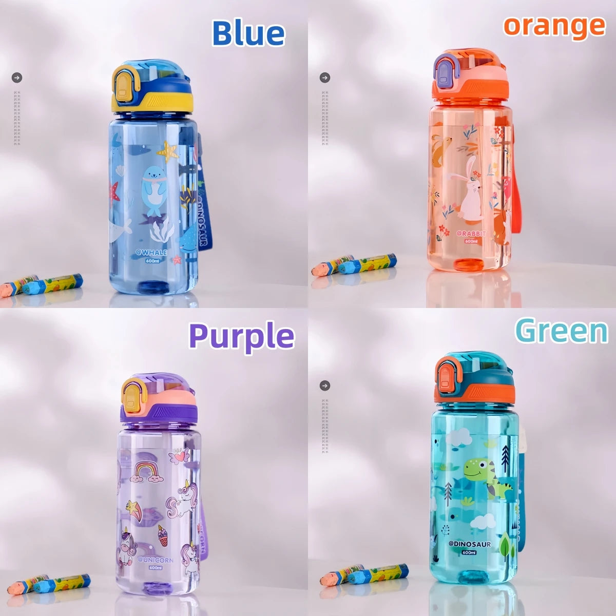 600ml Dinosaur Kids Water Bottle – BPA-Free Silicone Straw Sippy Cup, Leakproof with Carry Rope