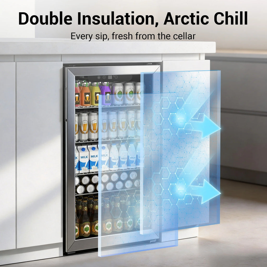 130-Can Beverage Refrigerator & Cooler — Mini Fridge with Glass Door, Adjustable Removable Shelves for Office & Bar