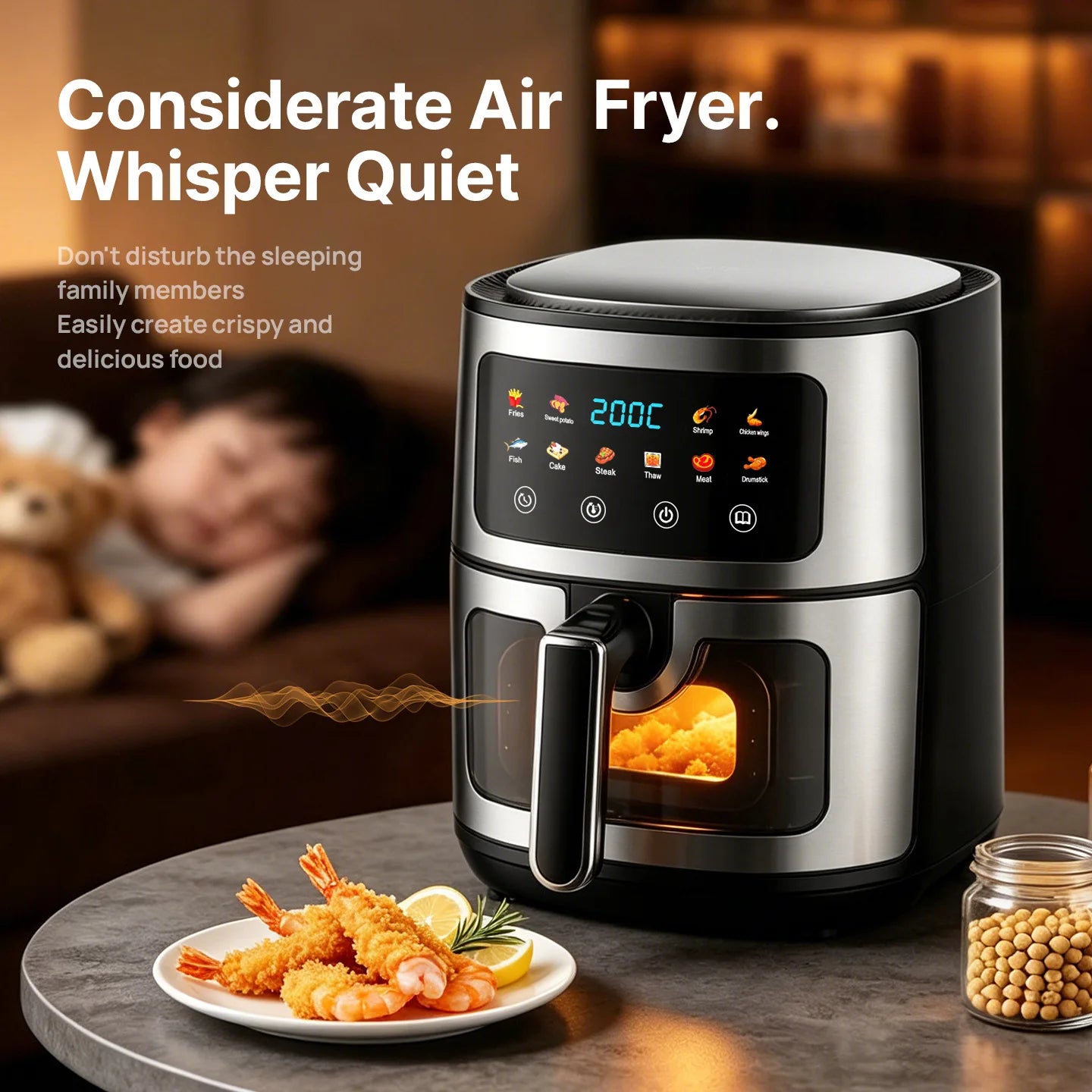 8L Large Air Fryer with Visible Window Digital Touchscreen 8 Presets Stainless Steel Oil-Free Healthy Cooker for Home Kitchen
