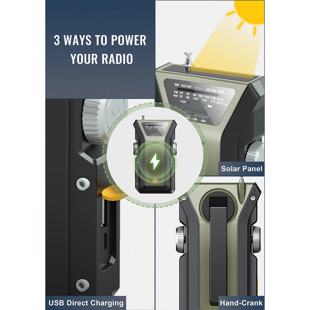 Emergency Weather Radio — FM/AM/WB, Hand Crank Solar, 2000mAh Power Bank & LED Flashlight