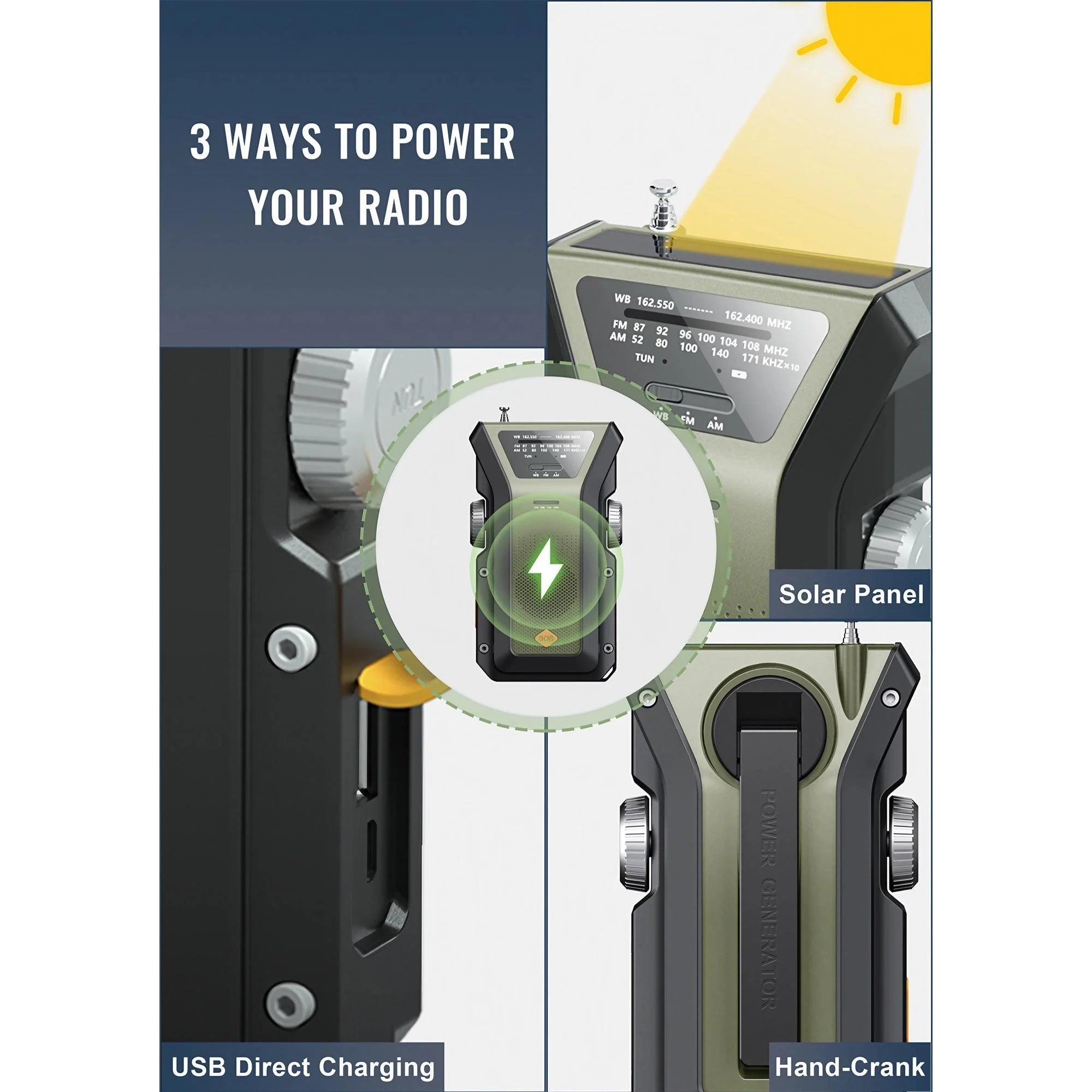 Emergency Weather Radio — FM/AM/WB, Hand Crank Solar, 2000mAh Power Bank & LED Flashlight