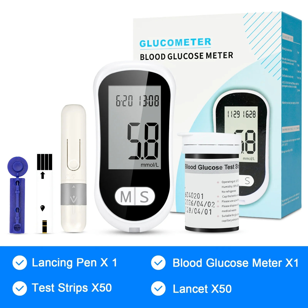VivaGuard Blood Glucose Meter Kit – No Coding Glucometer with 50 Test Strips, 50 Lancets & Lancing Pen for Home Diabetes Monitoring