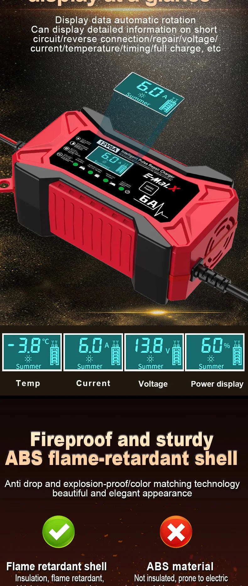 12V 6A Smart Car Battery Charger – Pulse Repair LiFePO4 14.6V Fast Charge AGM GEL Lead-Acid for Auto & Motorcycle