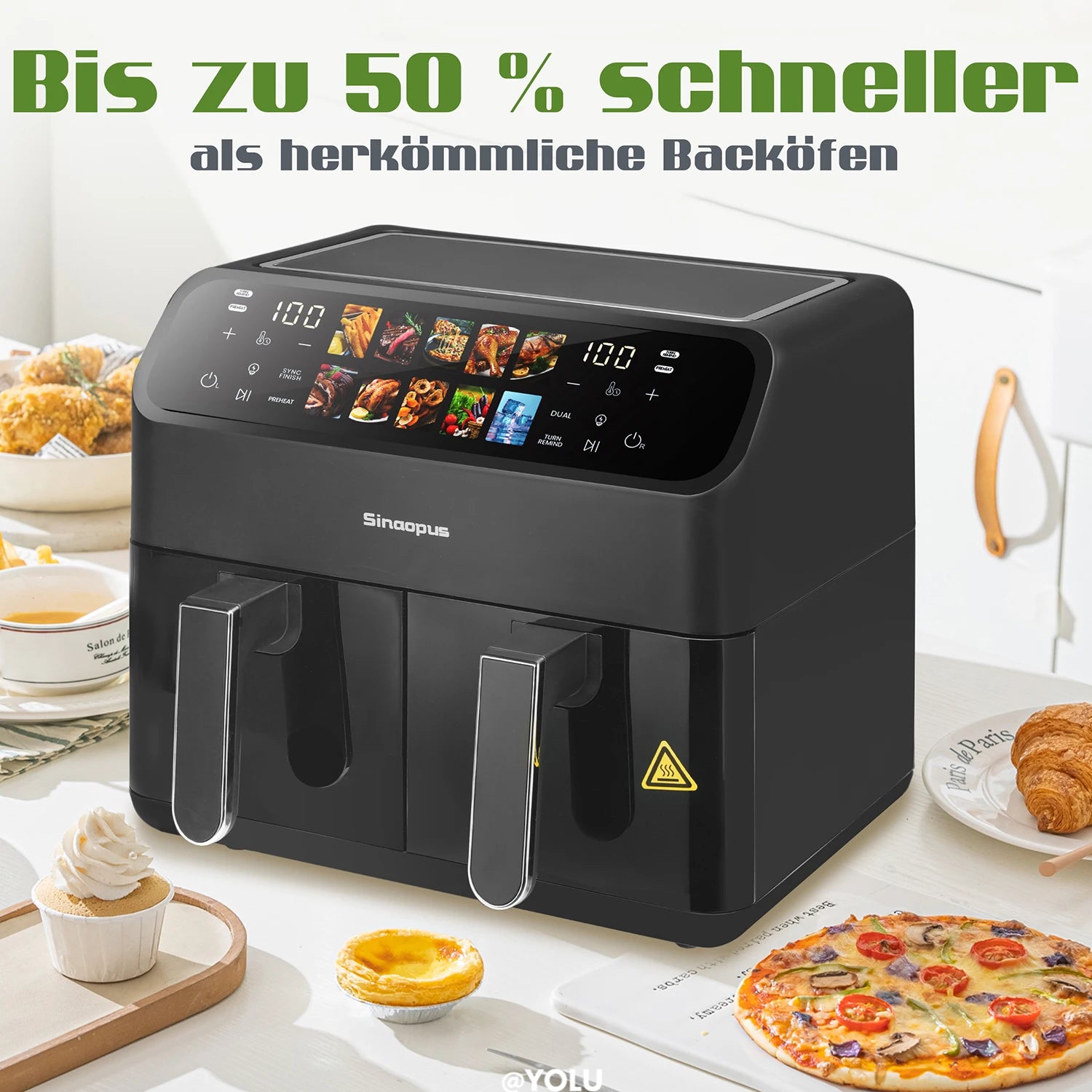 Sinaopus 9L Dual Basket Air Fryer – LED Touch Control, Visible Window, Oilless Cooker for Large Family Meals