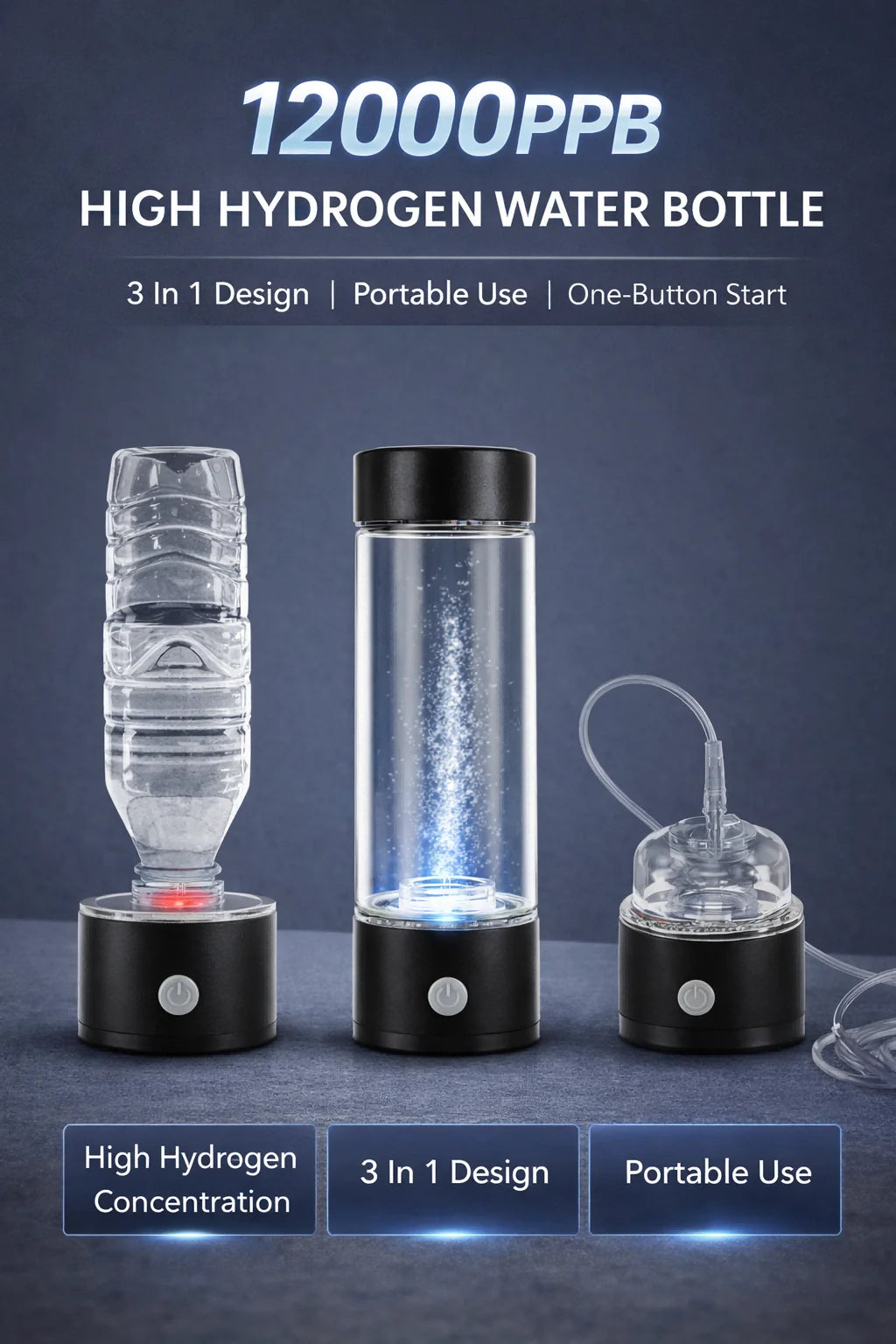 Portable Hydrogen Water Generator Bottle — 12,000PPB Rechargeable Alkaline Ionizer Cup with SPE/PEM Technology