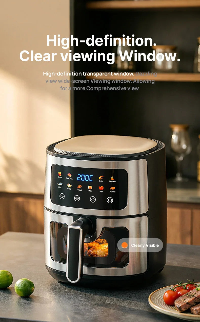 8L Large Air Fryer with Visible Window Digital Touchscreen 8 Presets Stainless Steel Oil-Free Healthy Cooker for Home Kitchen