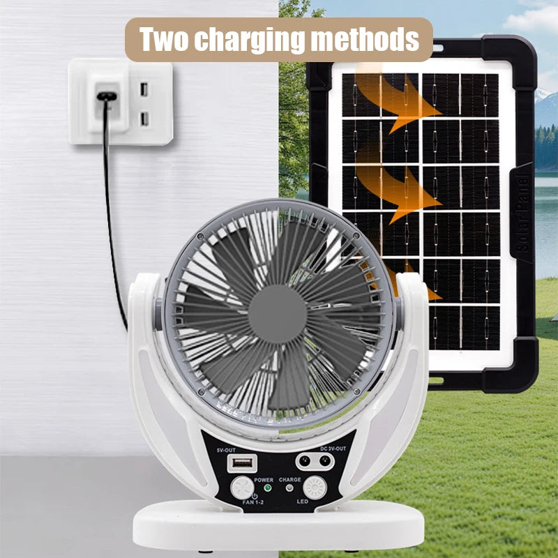 Solar Multifunctional Fan & LED Emergency Light — USB Charging, Night Light & Phone Charger