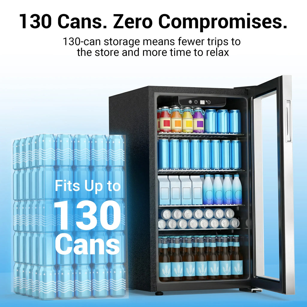 130-Can Beverage Refrigerator & Cooler — Mini Fridge with Glass Door, Adjustable Removable Shelves for Office & Bar