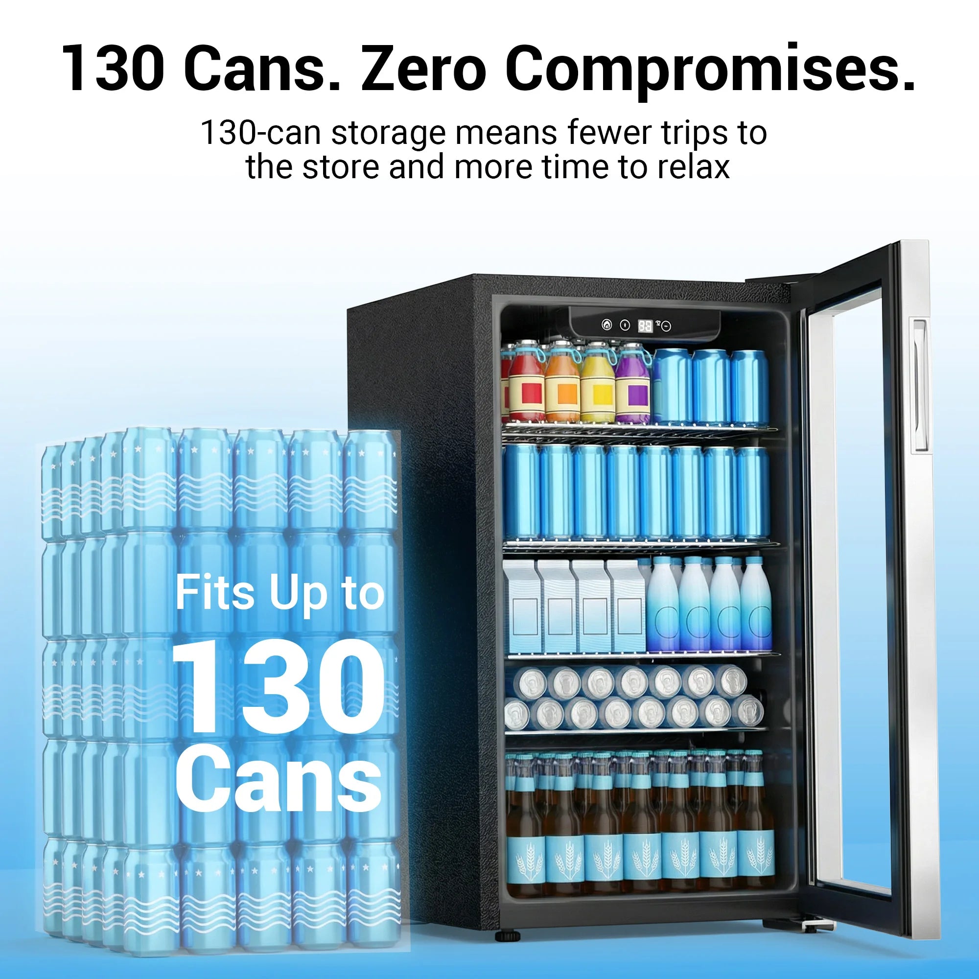 130-Can Beverage Refrigerator & Cooler — Mini Fridge with Glass Door, Adjustable Removable Shelves for Office & Bar