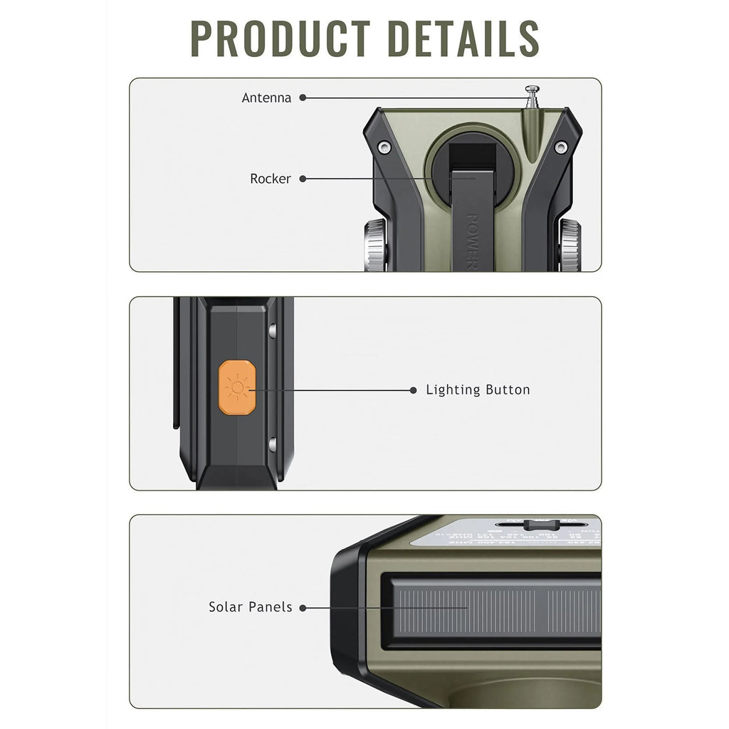 Emergency Weather Radio — FM/AM/WB, Hand Crank Solar, 2000mAh Power Bank & LED Flashlight