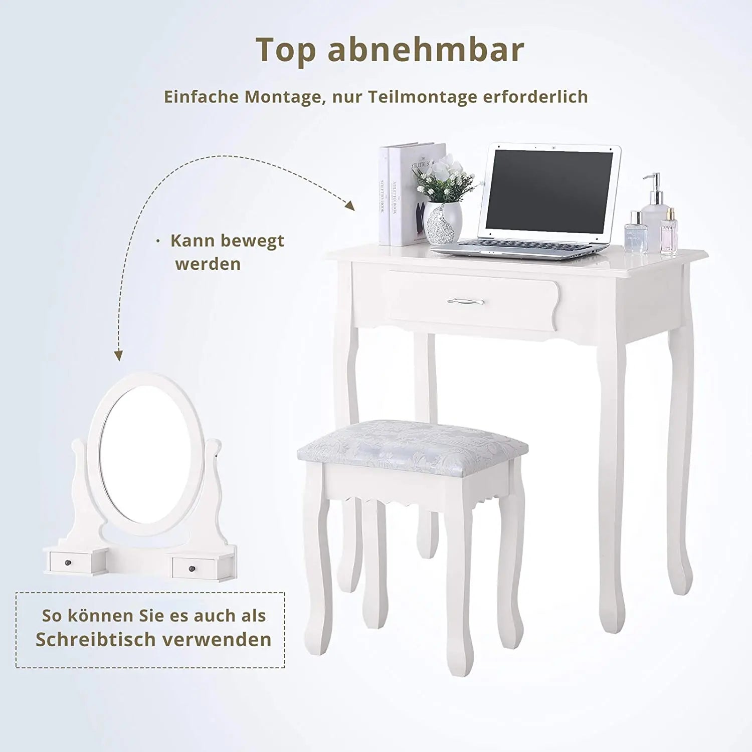 White Vanity Desk with Mirror & 3 Drawers