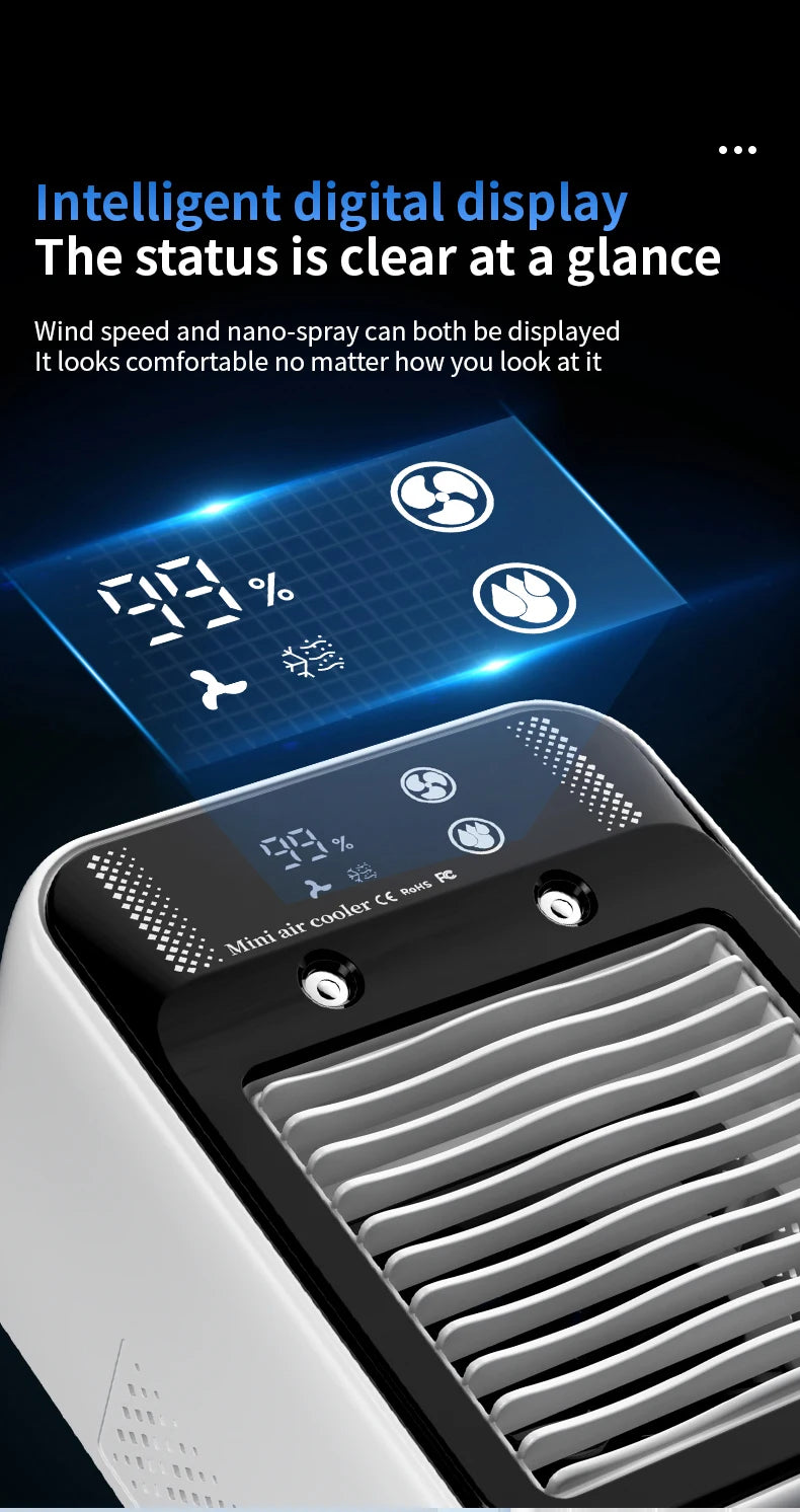 Portable Mini Air Conditioner – Fast Cooling Ultrasonic Nano Mist LCD Display Rechargeable Outdoor Cooler