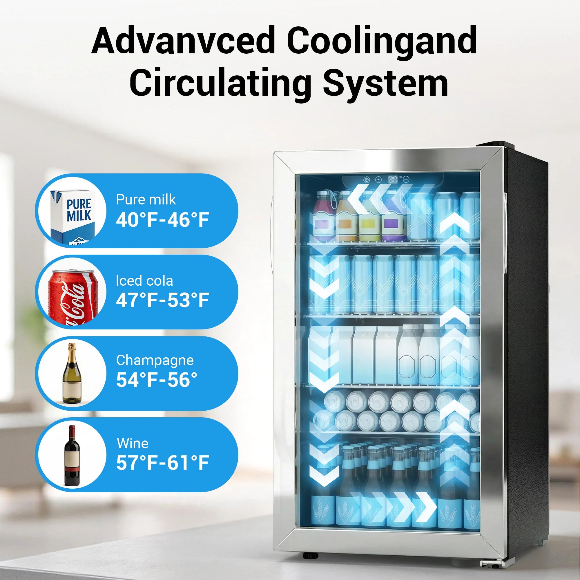130-Can Beverage Refrigerator & Cooler — Mini Fridge with Glass Door, Adjustable Removable Shelves for Office & Bar