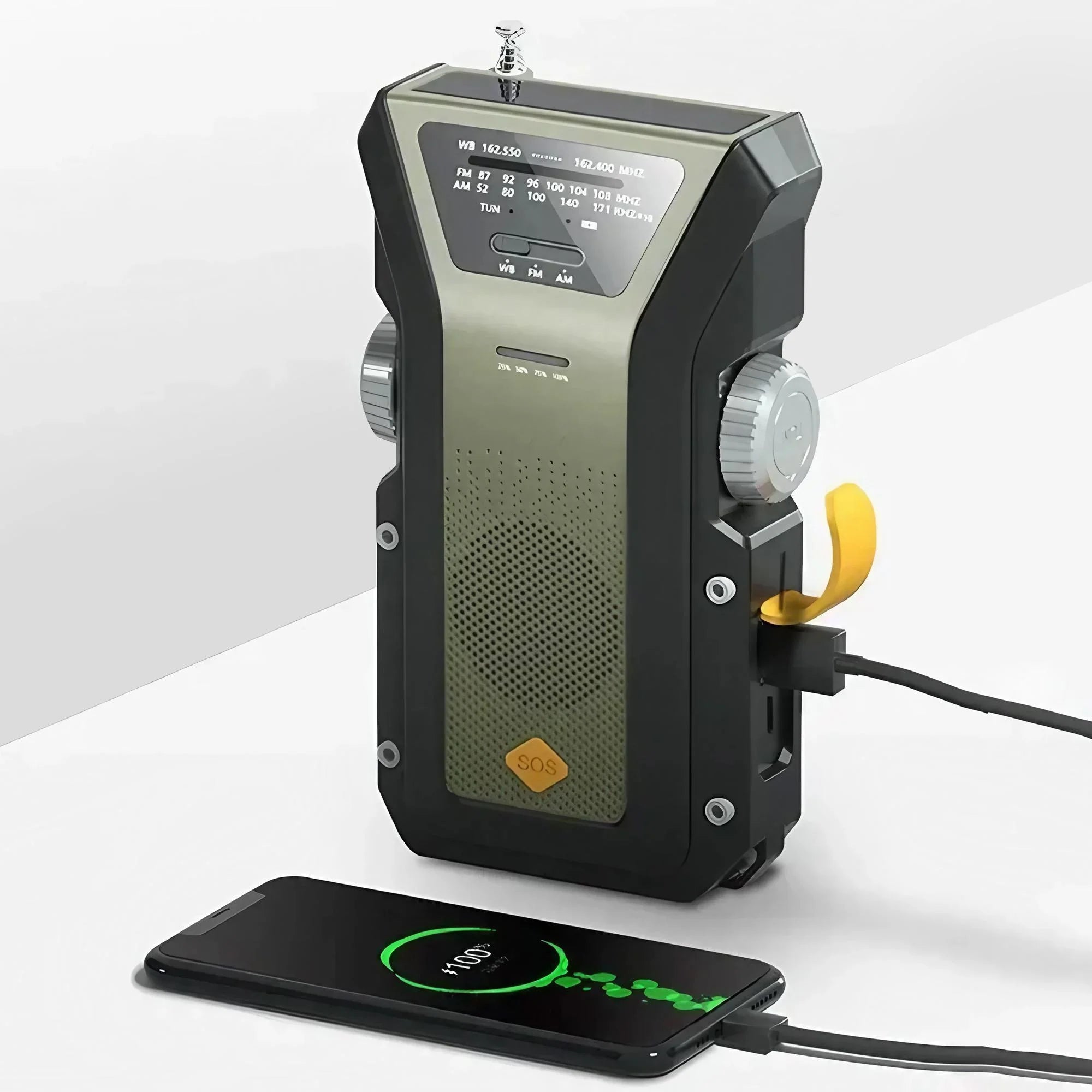 Emergency Weather Radio — FM/AM/WB, Hand Crank Solar, 2000mAh Power Bank & LED Flashlight