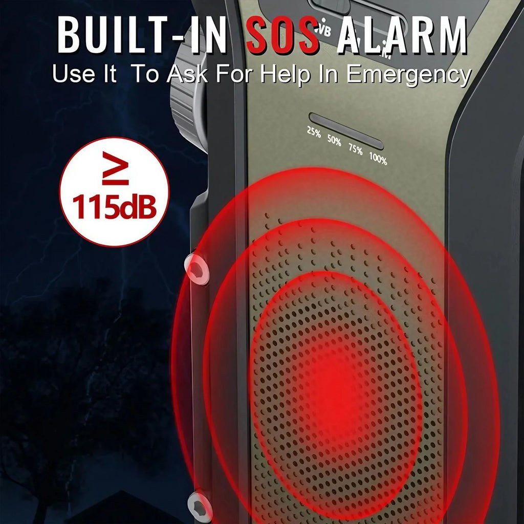 Emergency Weather Radio — FM/AM/WB, Hand Crank Solar, 2000mAh Power Bank & LED Flashlight