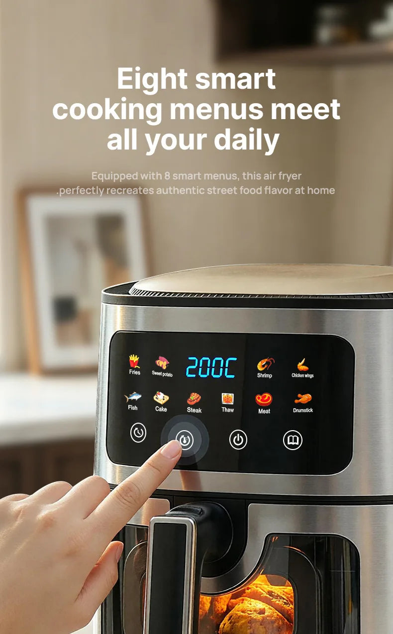 8L Large Air Fryer with Visible Window Digital Touchscreen 8 Presets Stainless Steel Oil-Free Healthy Cooker for Home Kitchen