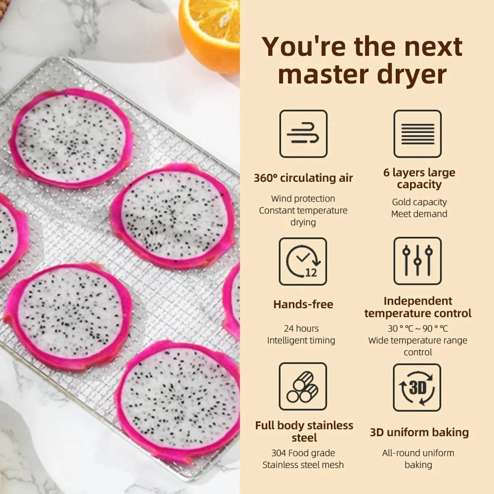 Food & Jerky Dehydrator – 12 Drying Racks, 800W, 24H Timer, 30-90°C, Fruit & Vegetable Dryer, EU Plug