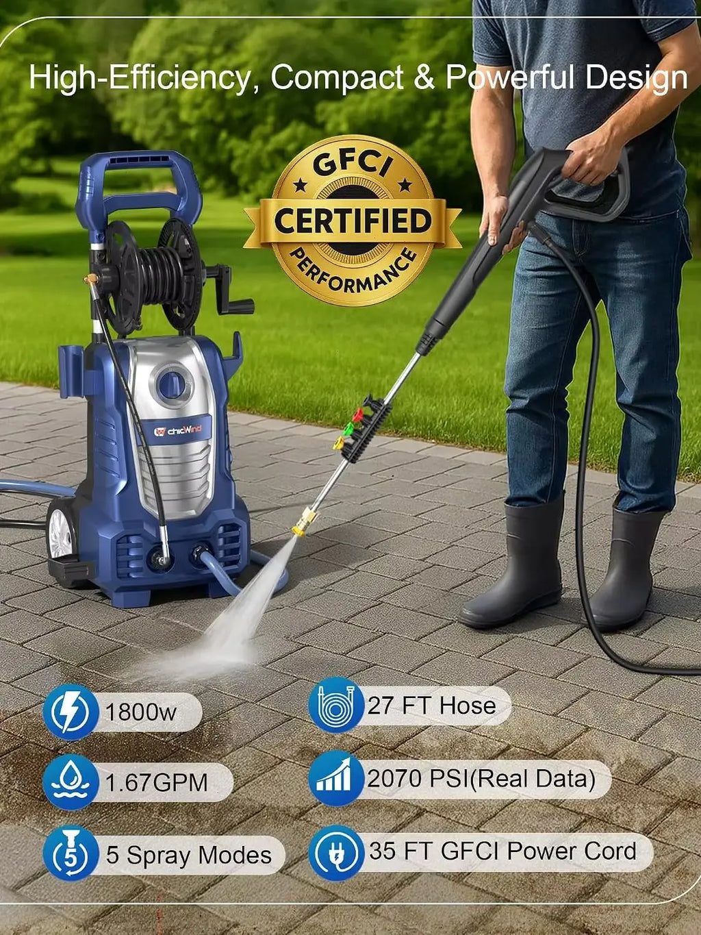 Electric Pressure Washer – Hose Reel & Five Nozzles