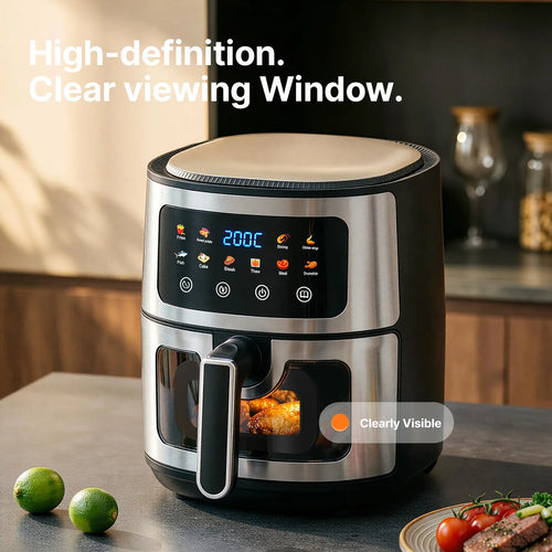 8L Large Air Fryer with Visible Window Digital Touchscreen 8 Presets Stainless Steel Oil-Free Healthy Cooker for Home Kitchen