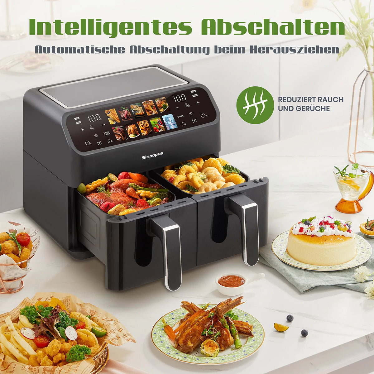 Sinaopus 9L Dual Basket Air Fryer – LED Touch Control, Visible Window, Oilless Cooker for Large Family Meals